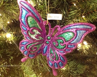 Christmas Ornament Glittery Butterfly Purple Blue