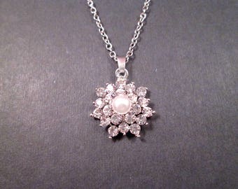 Rhinestone and Pearl Necklace, White Glass Rhinestones and Resin Pearl, Silver Pendant Necklace, FREE Shipping U.S.