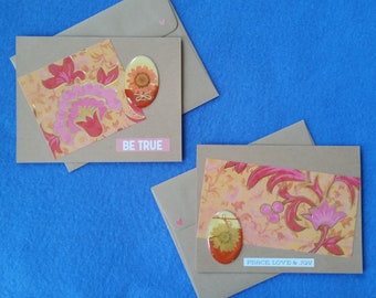 Peace, Love and Joy and Be true - Two Handmade Greeting Cards with Pressed Flowers and Gold Accents - Recycled Kraft Paper Cards