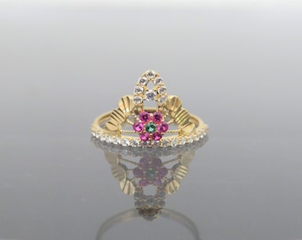 Vintage 18K Solid Yellow Gold Ruby, Emerald & White Topaz Crown Ring Size 5.75