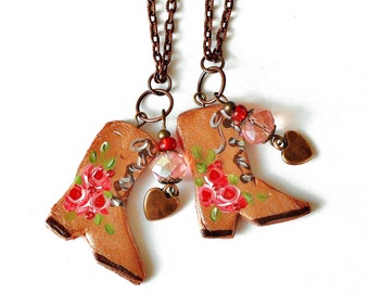 Boho Cowgirl Boot Charm Necklace Painted Roses Western Jewelry FREE SHIPPING