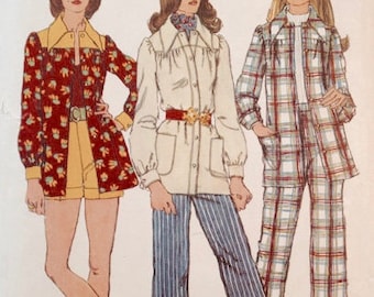 Simplicity 5005 - Size 12 - Bust 34 in. -1972 Pants Suit Pattern - Patch Pockets - Yoke Shirt Pattern - Cuffed Shorts or Pants Pattern