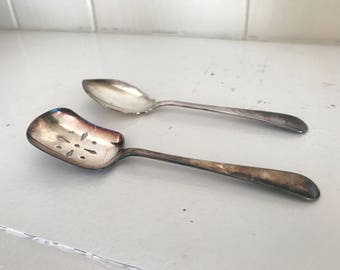 Set of 2 Vintage Antique Silver Spoons - Silverware - Food Photography Props - Photo Prop - Elport Sheffield England - Bar Cart Utensils