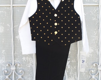 Black Velvet Suit Boy Sizes 6, 7 Vintage new with tags, Gold Stars, Gold Polka Dots, Gold Bow Tie,Velvet Vest,Winter Festive Holiday Wear