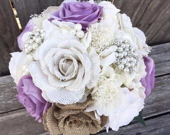 Burlap and Lace Bouquet, Shabby Chic Bouquet, Rustic Bouquet, Lavender Bouquet, Bridal Bouquet, Rustic Wedding Bouquet
