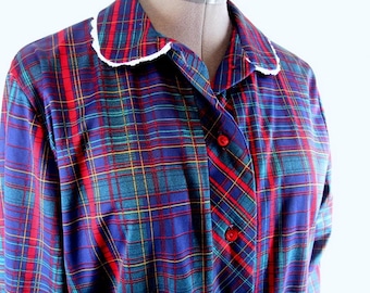 Vintage 1970's Blue Plaid Day Dress, Modern Size 6 to 8, Small