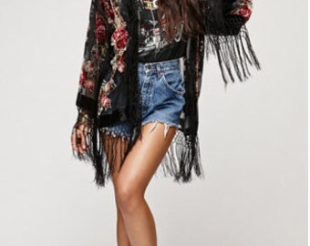 SALE 20% OFF // Black Floral Velvet Burnout Gypsy Fringe Beaded Kimono Jacket