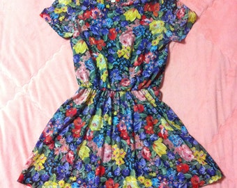 90s Vintage Colorful Floral Mini Dress, 90s Vintage Colorful Floral Dress, 90s Floral Dress, Floral Mini Dress