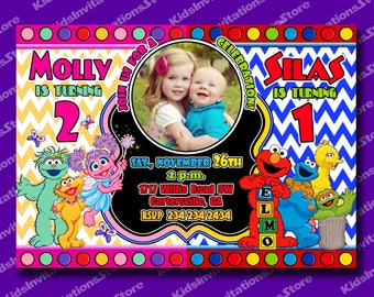 Sibling Birthday Invitation-Twins Sesame Street Invitation-Boy Girl Sesame Street Birthday-Elmo invitation-Abby Caddaby Invitation-Digital