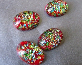 Red Kaleidoscope Harlequin Glass Opal 18X13mm Oval Cabochons 4 Pcs