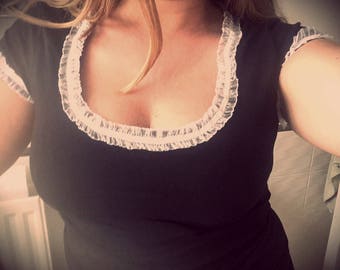 Black Tshirt with white ruffled tulle trimming size 14