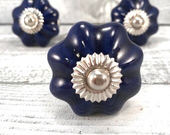 Navy Blue Knobs Child's Room Decorative Drawer Pull, Knob, Ceramic Drawer Pulls, Silver Apron & Shaft, Item #548763886