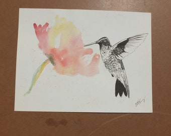 Humming bird at Flower, Original Watercolor by Liz Pope