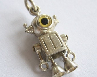 robot jewelry BABY CYCLOPS steampunk robot sterling silver and glass