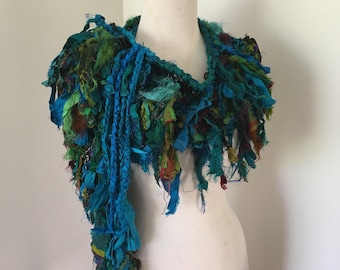 sale Deep blues and green Recycled silk hand knitted boho tattered rag scarf