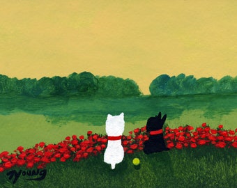 Black Scottie Scottish Terrier White Westie West Highland Dog art PRINT of Todd Young FRENCH POPPIES