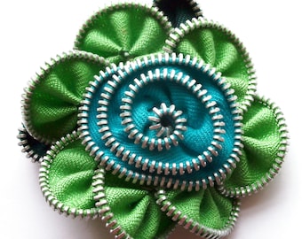 Lime Green and Turquoise Floral Brooch / Zipper Pin by ZipPinning 3037