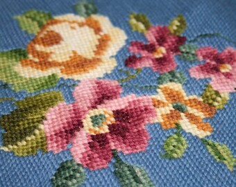 Vintage Blue Wool Needlepoint Floral Panel for Pillow or Art