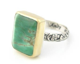 Natural Variscite Ring - 18K gold and sterling silver Variscite statement ring - Natural Variscite ring - size 9.75 - Variscite Ring - 9 3/4