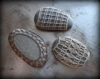 Crochet Lace Stones, Collection of 3, Handmade Original, Light Mocha, Brown Gray, Table Decorations, Gift Set Crocheted Rocks, Home, Monicaj