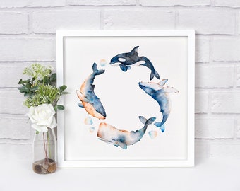 Whale print, Watercolor whale, ocean, sea life, wildlife, animal art, bathroom decor, wall art, original art print, coral reef, illustration