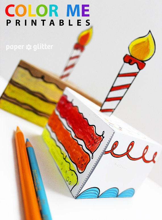 Birthday Paper Cake favor baking party box printables coloring