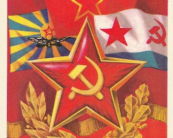 Red star soviet vintage postcard Military postcard Soviet propaganda Hammer and sickle Red flag Collectible postcard Soviet army ussr