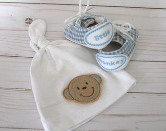 Little Monkey knot hat & shoe set, 3-6 month size, baby boy sneakers, new baby gift, boy shower gift, baby boy crib shoe, newborn infant boy
