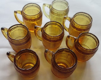 Set of Eight Wheaton Miniature Amber Root Beer Barrel Toothpick Holders Shot Glasses