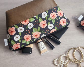 Waterproof Makeup Bag, Large Cosmetic Bag, Pink Floral Fabric Bag, Toiletry Bag, Travel Bag, Brown Faux Leather, Vinyl