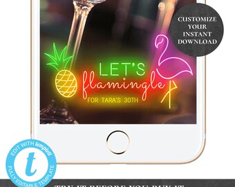 Let's Flamingle Last Flamingle Snapchat Geofilter INSTANT DOWNLOAD Editable Bachelorette Hen Party Birthday Pool Pineapple Neon Filter PCFPS