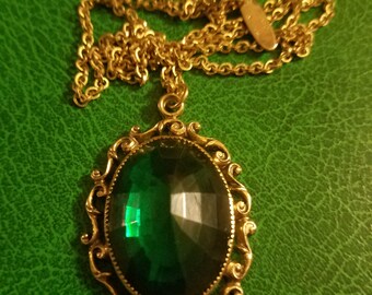 Vintage Whiting Davis Victorisn Revival necklace huge faceted enerald glass crystal pendant, gold filled or plated on 21" link chain