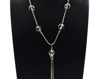 Large Faceted Bead And Silvertone Snake Chain With Tassel