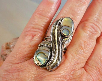 Huge Native American Abalone Shell Sterling Silver Ring