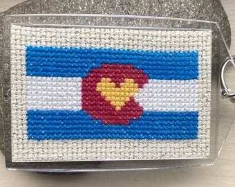 Colorado Love Keychain Colorado Flag with Heart center, Completed Cross stitch same design both sides in bright colors keyring fun cute gift