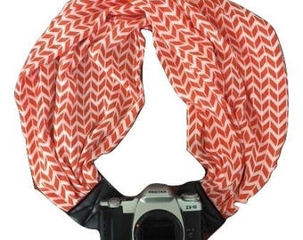 Camera Strap with Lens Pocket - The Original Camera Scarf Strap With Zippered Pocket - Orange and White Chevron
