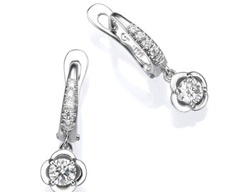 Dangle earrings, Gold flower earrings, white gold earrings, gold earrings, gold dangle earrings, diamond earrings, woman earrings, earrings