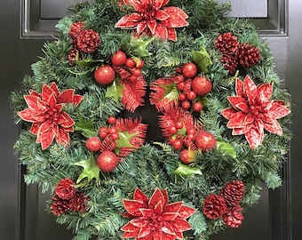 Large Christmas Wreath For Front Door, Red and Pine Wreath Traditional Wreath Holiday Wreath Christmas Wall Decor