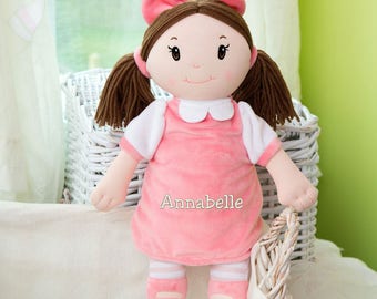 Embroidered Little Darlings Brunette Plush Dolly, plush, gift for kids, baby girl, custom, plush doll, toy, baby toys, pink -gfyE123757RBRR