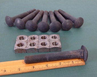 8 Vintage Nuts and Bolts, Industrial Carriage Bolts, New Old Stock Salvaged Hardware - 4 1/2" Bolts with Nuts