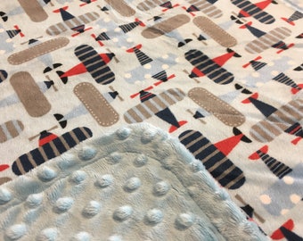 Minky Blanket Planes Print Minky with Light Blue Dimple Dot Minky Backing - Great Gift for a Baby or Toddler