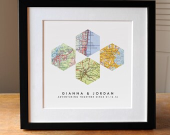 Map Art Wedding Gift, 4 Custom Maps, Wedding Gift Art, Custom Anniversary Print, Gift for Couple, Wedding Map Art