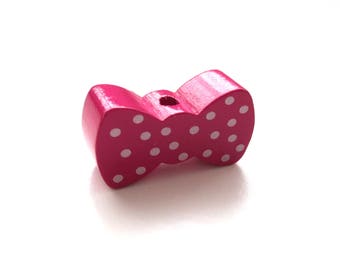 Wooden bow - Fuchsia with white dots bead