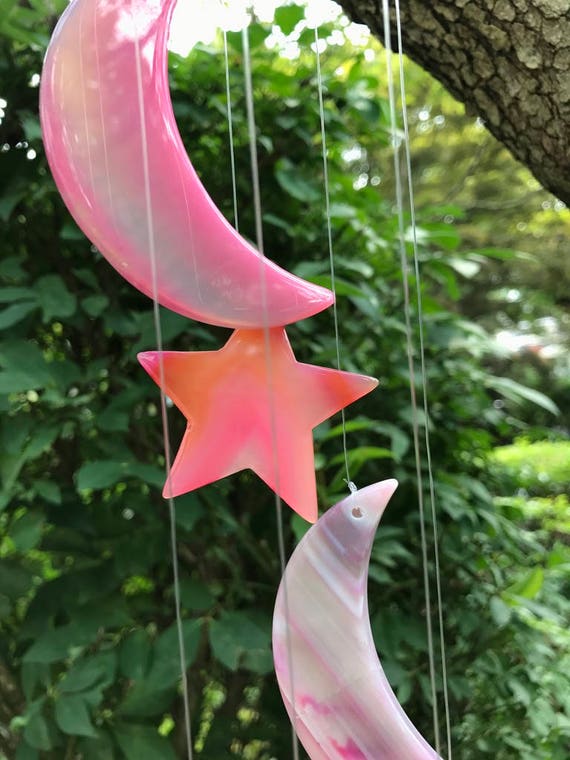 Pink Agate Stars & Moons Windchimes, Moons and Stars Agate Wind Chimes, Moons Stars Mobile, Polished Pink Agate, Agate Slice, Garden Decor