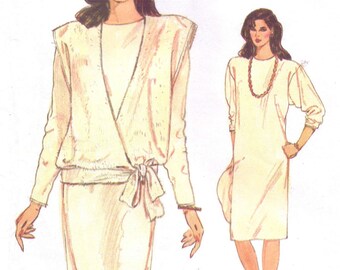 80s Womens Pullover Straight Dress and Wrap Top Very Easy Very Vogue Sewing Pattern 9036 Size 8 10 12 Bust 31 1/2 to 34 UnCut