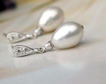 Teardrop Pearl Earrings | White Freshwater Drop Pearls | Seed Pearl | Sterling Silver CZ Studs | Vintage Style | Wedding Gift| Ready to Ship