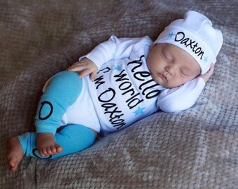 Baby Boy Clothes Newborn Boy Coming Home Outfit Hello World Personalized Boy Clothing Newborn Boy Take Home Outfit Twin Boy Baby Shower Gift