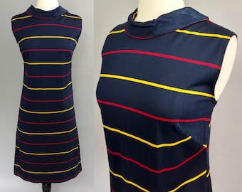 vintage 60 dress || 1960s mod dress || mod shift dress || navy blue striped tube dress || 60s preppy sleeveless day dress || medium