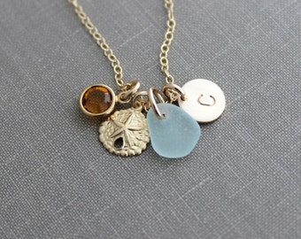 Charm Necklace with 14k Gold Filled Sand Dollar , Sea Glass and Initial Charm, Wedding Bridesmaid Gift, Swarovski Birthstone, Mothers Day