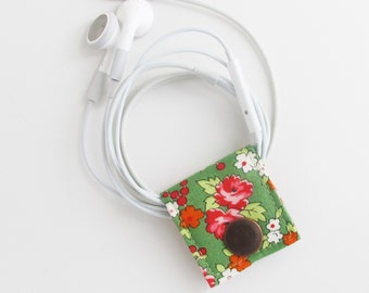 Small Cord Keeper | Floral cotton print fabric earbud cord organizer holder for small cords and cables.
